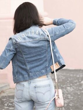 Sezane Light Blue Denim Jacket with 'HOLIDAY' Embroidery
